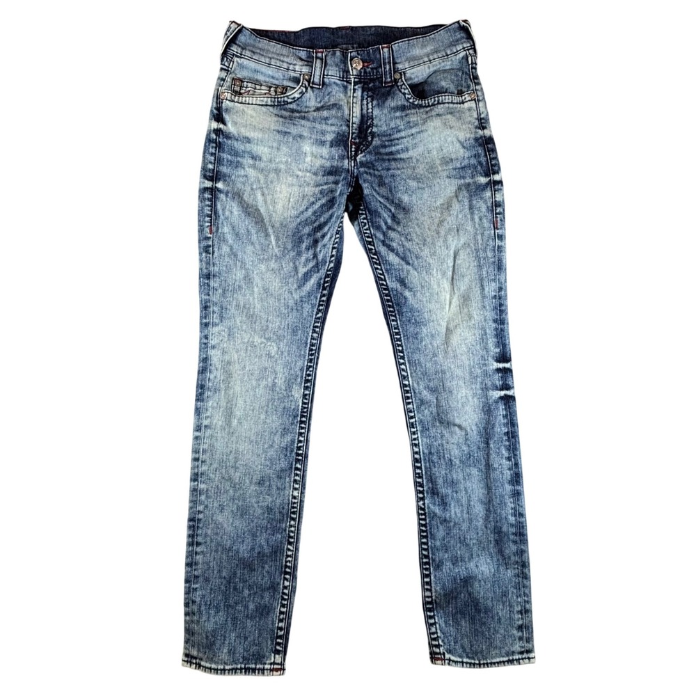 True Religion Slim Seat Jeans Mens 34x32 Blue Faded Red Horseshoe Stitch Denim